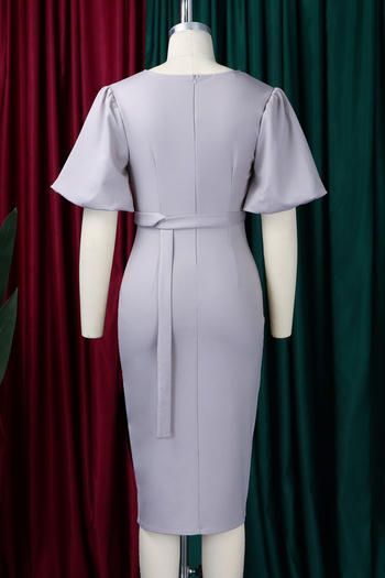 Casual plus size slight stretch lantern sleeve slim slit midi dress with belt