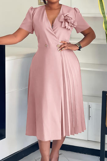 casual plus size non-stretch floral decor pleated midi dress