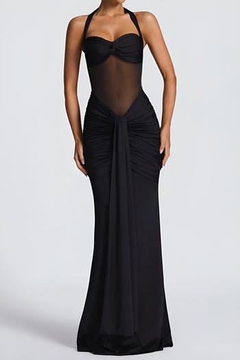 xs-l sexy slight stretch see through mesh stitching halter-neck maxi dress