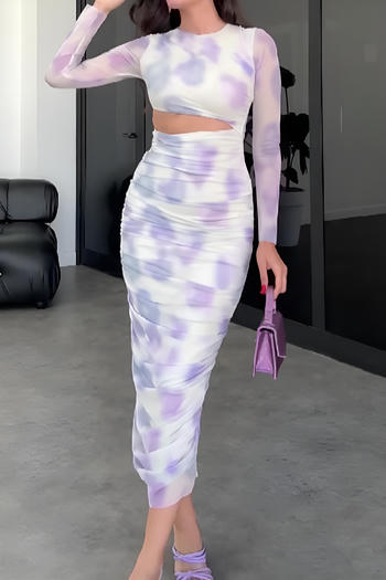 casual slight stretch printed slim fit hollow shirring midi dress