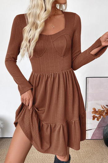 stylish slight stretch knitted pure colour square collar long sleeve midi dress