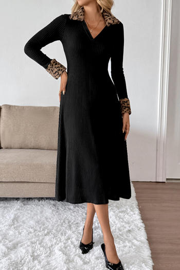 casual slight stretch leopard velvet stitching turndown collar midi dress