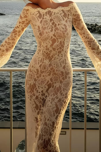 sexy slight stretch see through lace off shoulder long sleeve maxi dress