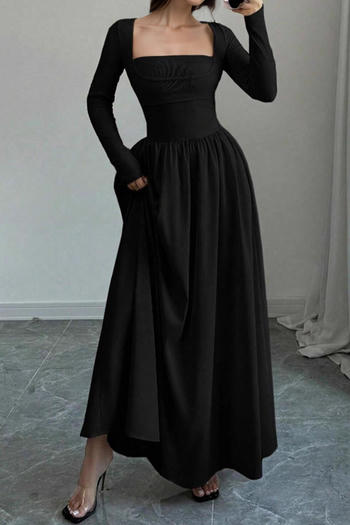 casual slight stretch solid color square neck maxi dress