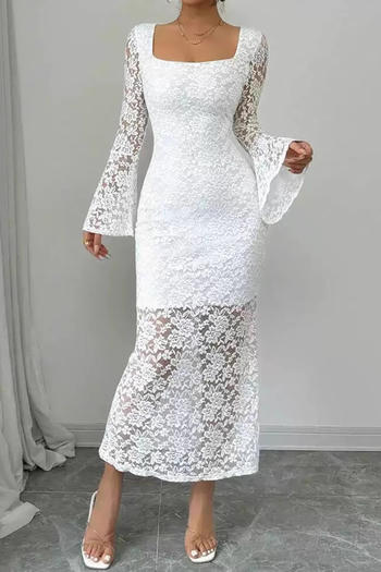 casual slight stretch lace solid color square neck midi dress