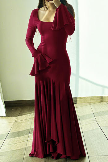 casual slight stretch crew neck solid color long sleeve maxi dress