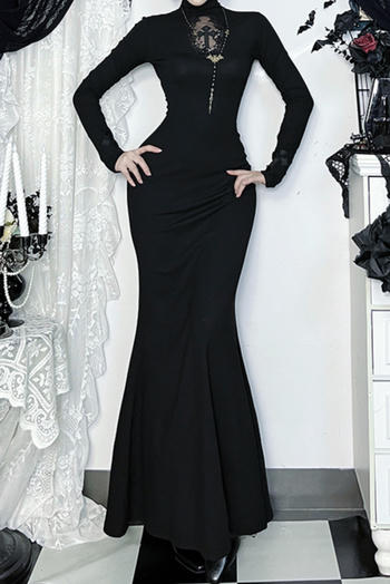 casual slight stretch gothic high collar cross decor maxi dress