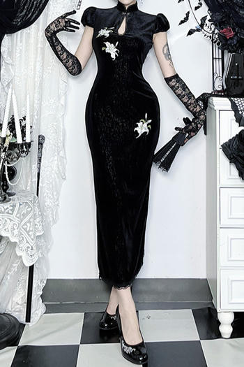 casual slight stretch flower embroidery gothic cheongsam midi dress