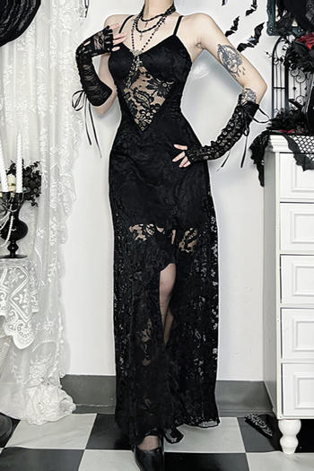 sexy slight stretch see-through lace v-neck slit maxi dress