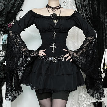 casual non-stretch off shoulder lace trim solid color mini dress(no belt)