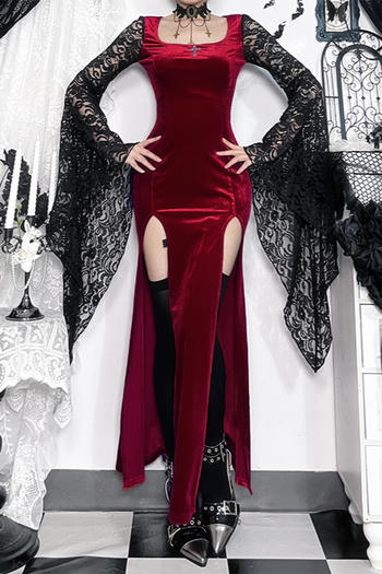 sexy slight stretch velvet stitching lace gothic maxi dress