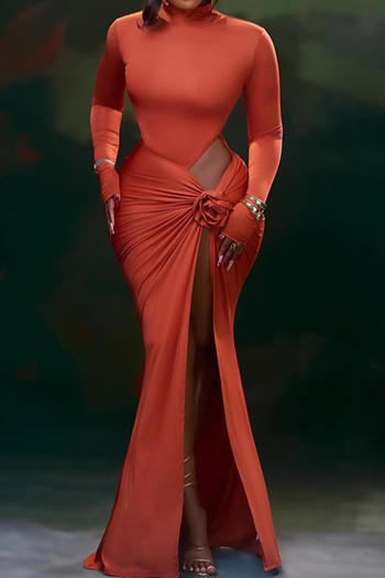 sexy slight stretch solid color hollow flower decor high slit maxi dress