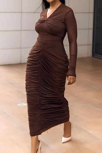 casual slight stretch solid color slim fit pleated mesh splicing maxi dress