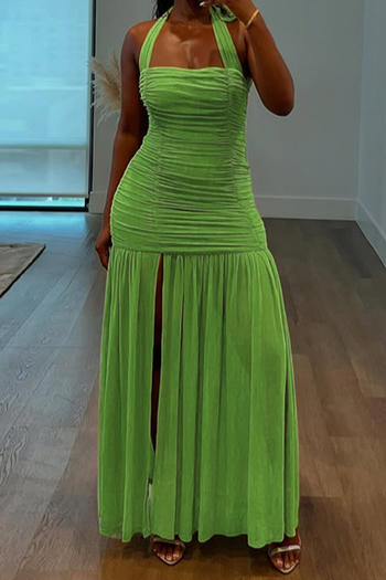 sexy slight stretch solid color halter-neck shirring slit maxi dress