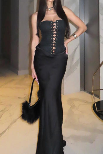 sexy slight stretch tube design solid color lace-up maxi dress