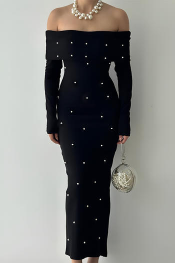 casual slight stretch off-shoulder slim-fit pearls decor slit maxi dress