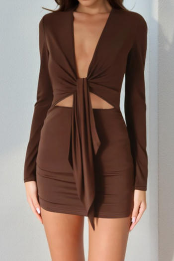 sexy slight stretch solid color long sleeves deep v neck hollow tight mini dress