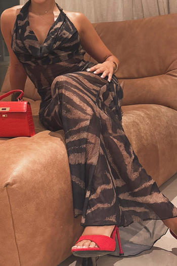 sexy slight stretch halter-neck zebra printing maxi dress