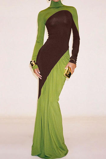 casual slight stretch high collar contrast color maxi dress