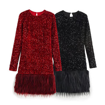 casual non-stretch crew neck sequin plush decor mini dress