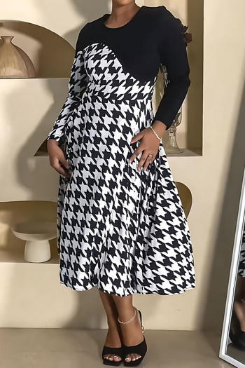 casual slight stretch contrast color houndstooth printing midi dress