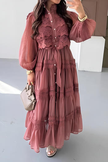 casual non-stretch mesh lace splicing pleated maxi dress