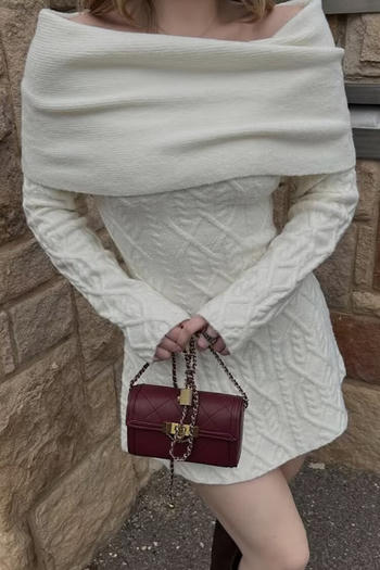 casual slight stretch solid color slim off-shoulder knitted jacquard mini dress