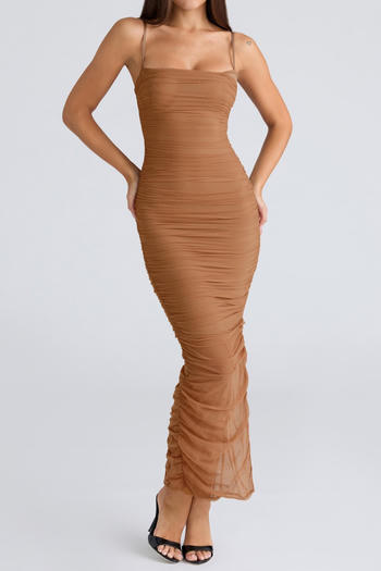 casual slight stretch sling solid color slim fit shirring slit maxi dress