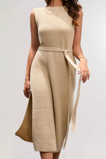 casual slight stretch solid color slim fit slit knitted midi dress with belt