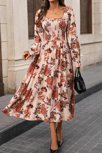 Casual non-stretch square neck flower batch printing shirring midi dress