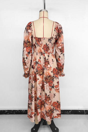 Casual non-stretch square neck flower batch printing shirring midi dress