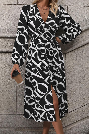 casual non-stretch v-neck letter batch printing midi dress