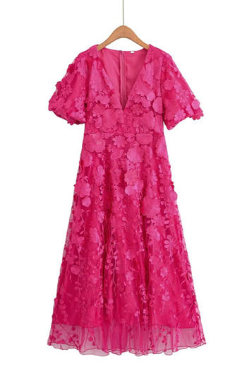 casual non-stretch zip-up v-neck flower embroidery maxi dress