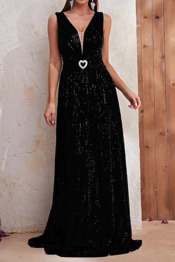 elegant plus size non-stretch solid color sequins sleeveless v-neck maxi dress