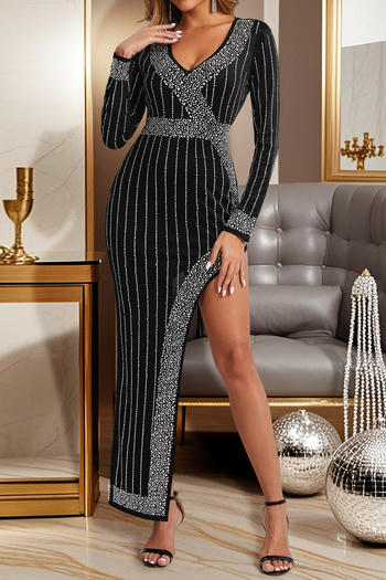 elegant plus size slight stretch slim fit rhinestone slit maxi dress