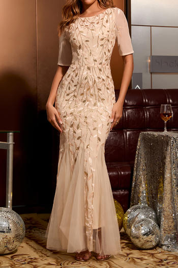 elegant plus-size non-stretch mesh embroidered sequins maxi dress
