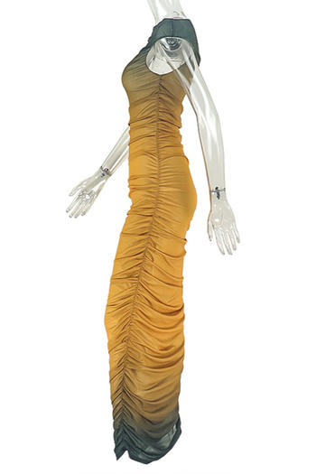 Sexy slight stretch gradient pleated slim fit micro see-through maxi dress