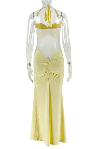 Sexy slight stretch halter neck see-through mesh stitching shirring maxi dress