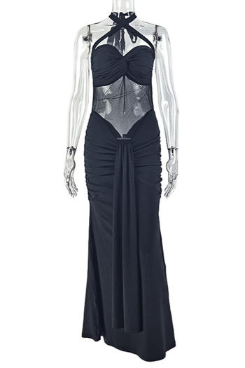 Sexy slight stretch halter neck see-through mesh stitching shirring maxi dress