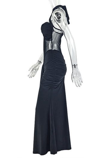 Sexy slight stretch halter neck see-through mesh stitching shirring maxi dress