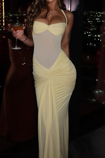 Sexy slight stretch halter neck see-through mesh stitching shirring maxi dress