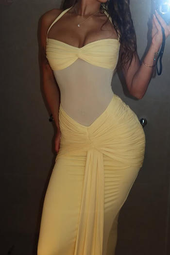 Sexy slight stretch halter neck see-through mesh stitching shirring maxi dress