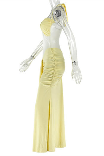 Sexy slight stretch halter neck see-through mesh stitching shirring maxi dress