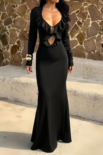 sexy slight stretch solid color deep v-neck hollow slim backless maxi dress