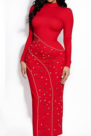 elegant slight stretch high quality solid color slim rhinestone slit maxi dress