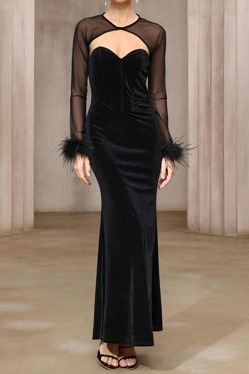 elegant slight stretch velvet tube design maxi dress & see through mesh crop top