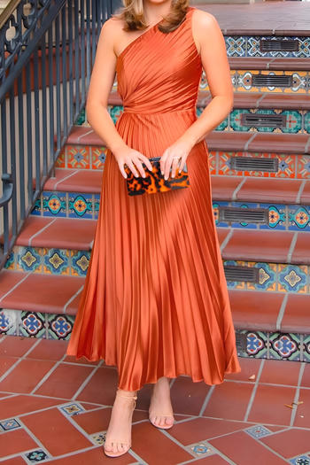 casual plus size non-stretch solid color one-shoulder pleated maxi dress