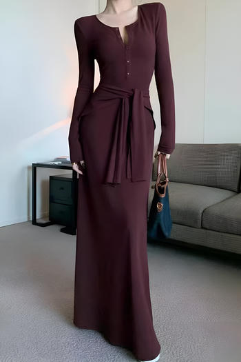 casual slight stretch with scarf solid color button maxi dress(size run small)