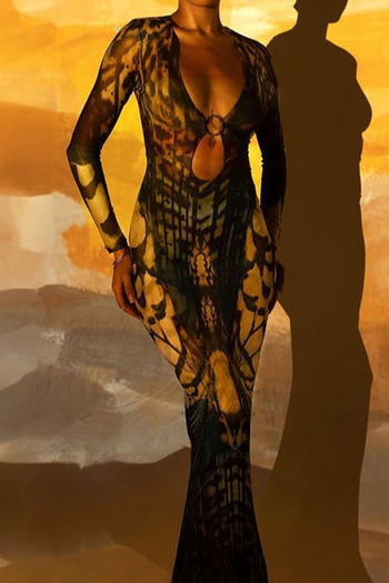 sexy slight stretch deep v-neck batch printing maxi dress