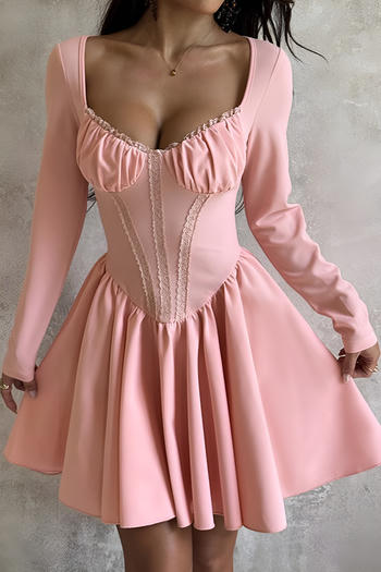 casual slight stretch solid color square neck pleated long sleeve mini dress